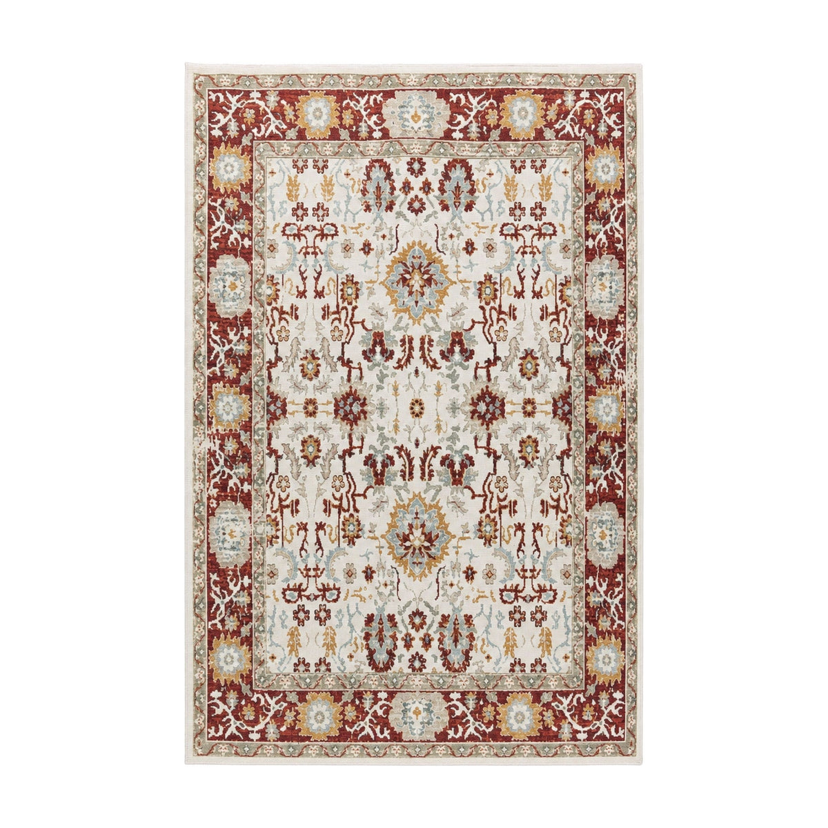 Alfombra vintage lavable Borgoña Marfil PANDI, vista completa superior sobre fondo blanco