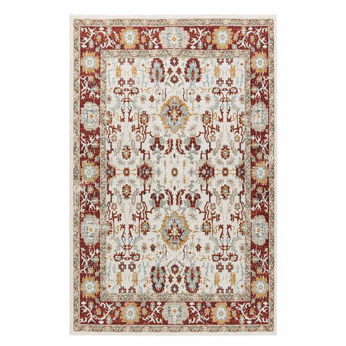 Alfombra vintage lavable óxido cobre PANDI vista completa desde arriba, con medallón floral en cobre y ocre sobre fondo marfil