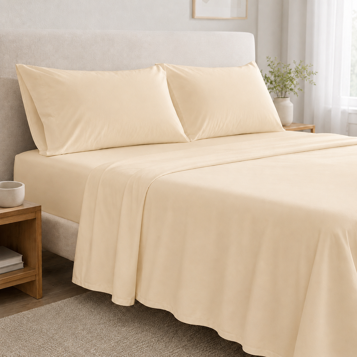 Juego de sábanas 60% bambú y 40% algodón PANDI color crema sobre la cama