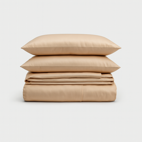 Set de sábanas 100% bambú en color beige de PANDI, ofreciendo lujo y comodidad para un descanso renovador.