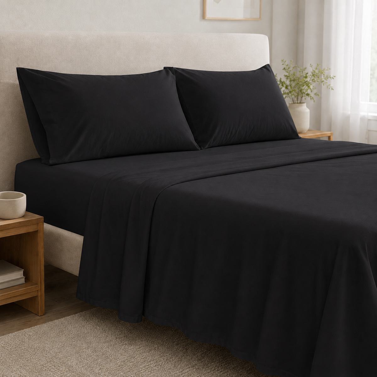 Juego de sábanas 60% bambú y 40% algodón PANDI color negro sobre la cama