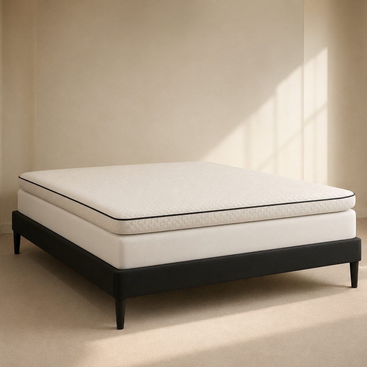 Topper PANDI de bambú en vista 3/4 sobre cama Queen — colchón con capa adicional de 5 cm tipo nube, soporte ortopédico y frescura para mejorar el descanso en hogares ticos